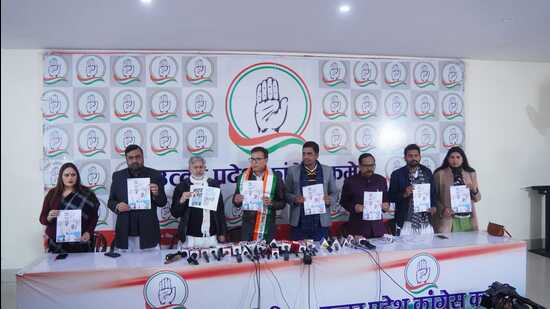 Congress’s press conference under way at the party’s state headquarters in Lucknow on Jan 11. (Sourced)