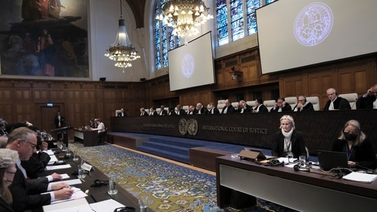 Judges and parties at the opening of the hearings at the International Court of Justice in The Hague, Netherlands, Thursday, Jan. 11, 2024. (AP)