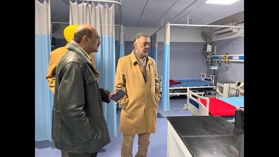 Punjab health minister Dr Balbir Singh at the Kapurthala civil hospital on Thursday. (HT Photo)