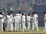 Mumbai team players exchange handshakes with each other after winning by an innings and 51 runs against the Bihar team during fourth day of the Ranji Trophy cricket match between Mumbai and Bihar, at Moin-ul-Haq Stadium in Patna Mumbai team players exchange handshakes with each other after winning by an innings and 51 runs against the Bihar team during fourth day of the Ranji Trophy cricket match between Mumbai and Bihar, at Moin-ul-Haq Stadium in Patna