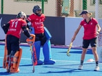 Indian women's hockey team captain Savita Punia with teammate Bichu Devi Kharibam and head coach Janneke Schopman(PTI)