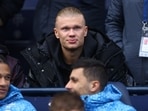 Manchester City's Erling Braut Haaland is pictured in the stands before the match