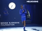 Serbia’s Novak Djokovic arrives to play a charity match against Greece’s Stefanos Tsitsipas ahead of the Australian Open tennis tournament at Melbourne Park