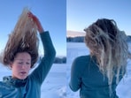 The woman's hair froze in the sub-zero temperature. The woman's hair froze in the sub-zero temperature.