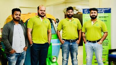 (From left) Electromotion E-Vidyut co-founders Bishwajeet Kumar, Gaurav Kumar Singh, Pulkit Jain and Surya Pratap Singh. (HT) (From left) Electromotion E-Vidyut co-founders Bishwajeet Kumar, Gaurav Kumar Singh, Pulkit Jain and Surya Pratap Singh. (HT)