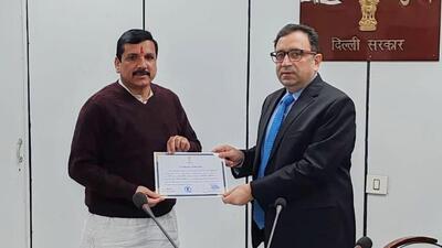 AAP Rajya Sabha candidates Sanjay Singh, Swati Maliwal and ND Gupta received their certificates from Returning Officer Ashish Kundra on Friday (Twitter/ANI Photo)