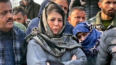 Jammu and Kashmir People's Democratic Party (JKPDP) chief Mehbooba Mufti with people as her car met with an accident while she was on her way to meet the Boat Colony fire incident victims, in Anantnag on Thursday. She survived the accident but the driver of her vehicle got injured. (ANI Photo) Jammu and Kashmir People's Democratic Party (JKPDP) chief Mehbooba Mufti with people as her car met with an accident while she was on her way to meet the Boat Colony fire incident victims, in Anantnag on Thursday. She survived the accident but the driver of her vehicle got injured. (ANI Photo)