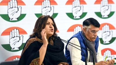 Congress leaders Supriya Shrinate and Pawan Khera addressing a press conference, at AICC headquarters. (ANI) Congress leaders Supriya Shrinate and Pawan Khera addressing a press conference, at AICC headquarters. (ANI)
