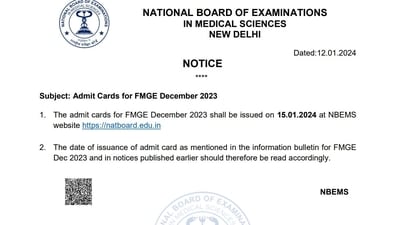 FMGE December 2023 admit cards to be released on January 15, download from natboard.edu.in FMGE December 2023 admit cards to be released on January 15, download from natboard.edu.in