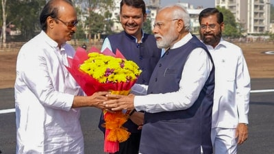 PM Modi was received by Maharashtra Chief Minister Eknath Shinde and Deputy Chief Ministers Devendra Fadnavis and Ajit Pawar upon his arrival in Nashik, Maharashtra. (PTI) PM Modi was received by Maharashtra Chief Minister Eknath Shinde and Deputy Chief Ministers Devendra Fadnavis and Ajit Pawar upon his arrival in Nashik, Maharashtra. (PTI)