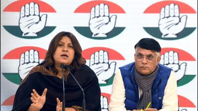 Supriya Shrinate and Pawan Khera address a press conference at the Congress headquarters in New Delhi on Friday. (ANI Photo) Supriya Shrinate and Pawan Khera address a press conference at the Congress headquarters in New Delhi on Friday. (ANI Photo)