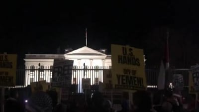 Demonstrators at Times Square and White House raised slogans such as "hands off the Middle East," "hands off Yemen," and "hands off Gaza". (X) Demonstrators at Times Square and White House raised slogans such as "hands off the Middle East," "hands off Yemen," and "hands off Gaza". (X)