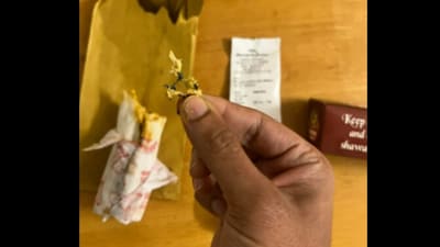 Snapshot of the metal piece found in food ordered from Swiggy. (Reddit/@sterlingcrises) Snapshot of the metal piece found in food ordered from Swiggy. (Reddit/@sterlingcrises)