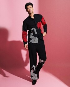 Babil Khan in a black co-ord set with abstract white and red prints (Photo: Instagram) Babil Khan in a black co-ord set with abstract white and red prints (Photo: Instagram)