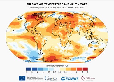 Surface air temperature anomaly for 2023 relative to the average for the 1991-2020 reference period. (Data source: ERA5. Credit: C3S/ECMWF.) Surface air temperature anomaly for 2023 relative to the average for the 1991-2020 reference period. (Data source: ERA5. Credit: C3S/ECMWF.)