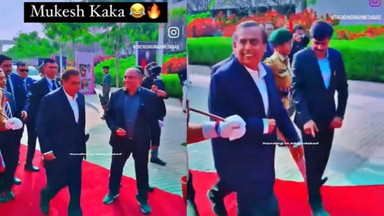 Mukesh Ambani entering a building at the Vibrant Gujarat Global Summit. (X/@bijjuu11)