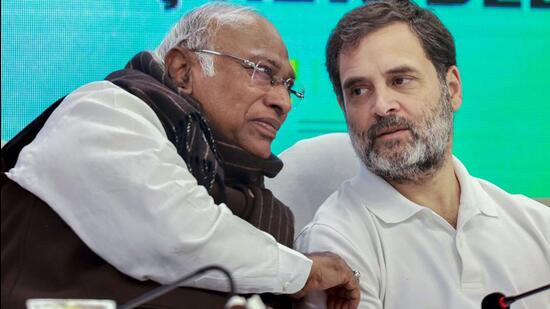 Rahul Gandhi with Congress president Mallikarjun Kharge at the party HQ in New Delhi. (ANI Photo)