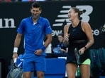 Serbia's Novak Djokovic and Aryna Sabalenka of Belarus react during an exhibition match against Stefanos Tsitsipas of Greece and compatriot Maria Sakkari ahead of the Australian Open tennis championships at Melbourne Park Serbia's Novak Djokovic and Aryna Sabalenka of Belarus react during an exhibition match against Stefanos Tsitsipas of Greece and compatriot Maria Sakkari ahead of the Australian Open tennis championships at Melbourne Park
