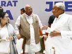 Bihar CM Nitish Kumar (R), Congress president Mallikarjun Kharge, West Bengal CM and TMC supremo Mamata Banerjee during an INDIA alliance meeting. Bihar CM Nitish Kumar (R), Congress president Mallikarjun Kharge, West Bengal CM and TMC supremo Mamata Banerjee during an INDIA alliance meeting.