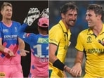 Chris Morris during his time at RR (L); Mitchell Starc and Pat Cummins during 2023 World Cup