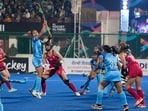 Ranchi: Monika (C) of India (in Blue) tries to score a goal during the FIH Hockey Olympic Qualifiers match between India and United States, at Marang Gomke Jaipal Singh Astro Turf Hockey Stadium(PTI)