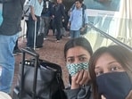 Radhika Apte with a friend at the airport.