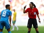 Referee Yamashita Yoshimi reacts towards India's Suresh Singh at Asian Cup 2023