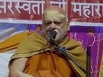 Puri Shankaracharya Nischalananda Saraswati speaking to media on Saturday.