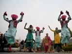 Dancers from Punjab showcase their talent during Lohri celebrations at Great India Place Mall in sector 38A.