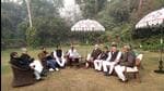 JMM and Congress leaders during a meeting in Delhi. (HT photo)