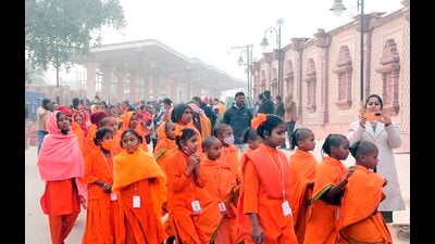 AChildren from Andhra Pradesh visits to the Ram Temple premises, in Ayodhya, Saturday, Jan. 13, 2024. (PTI)