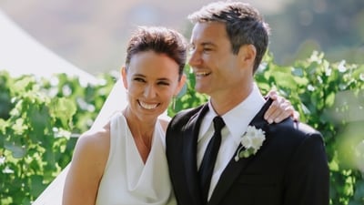 Former New Zealand Prime Minister Jacinda Ardern embraces her husband Clarke Gayford at their wedding in Havelock North, New Zealand. (AP) Former New Zealand Prime Minister Jacinda Ardern embraces her husband Clarke Gayford at their wedding in Havelock North, New Zealand. (AP)