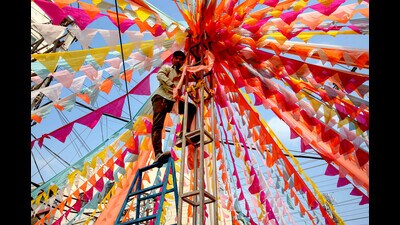For Representation Only: A worker decorates the premises of Lord Ram and Hanuman Temple ahead of the Jan. 22's consecration ceremony of Ayodhya's Ram Temple, in Bhopal. (PTI) For Representation Only: A worker decorates the premises of Lord Ram and Hanuman Temple ahead of the Jan. 22's consecration ceremony of Ayodhya's Ram Temple, in Bhopal. (PTI)