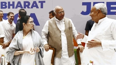 Bihar CM Nitish Kumar (R), Congress president Mallikarjun Kharge, West Bengal CM and TMC supremo Mamata Banerjee during an INDIA alliance meeting. (PTI / File) Bihar CM Nitish Kumar (R), Congress president Mallikarjun Kharge, West Bengal CM and TMC supremo Mamata Banerjee during an INDIA alliance meeting. (PTI / File)