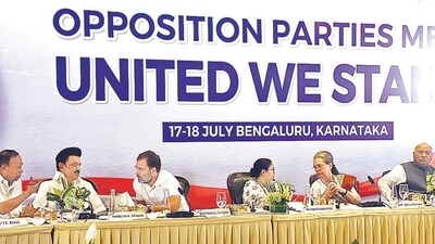 Members of the INDIA bloc during their second meeting in Bengaluru on July 18. (AP) Members of the INDIA bloc during their second meeting in Bengaluru on July 18. (AP)