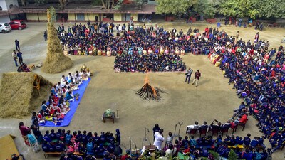 School students during Magh Bihu (Bhogali Bihu) celebrations in Guwahati, Assam. (PTI) School students during Magh Bihu (Bhogali Bihu) celebrations in Guwahati, Assam. (PTI)
