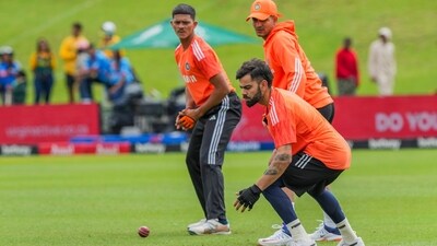 India's Virat Kohli, Shubman Gill and Yashasvi Jaiswal during a practice session. (PTI) India's Virat Kohli, Shubman Gill and Yashasvi Jaiswal during a practice session. (PTI)