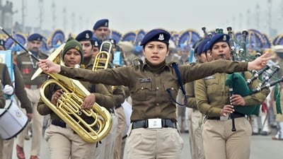 Armed forces contingents were seen marching to drumbeats during dress rehearsals for the 75th Republic Day parade at the Kartavya Path in the national capital on Saturday. (HT Photo/Sanjeev Verma) Armed forces contingents were seen marching to drumbeats during dress rehearsals for the 75th Republic Day parade at the Kartavya Path in the national capital on Saturday. (HT Photo/Sanjeev Verma)