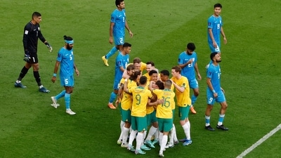 Australia's Jordan Bos celebrates scoring their second goal with teammates (REUTERS)