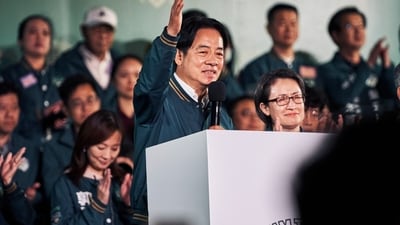 Lai Ching-te, Taiwan's vice president and presidential candidate for the ruling Democratic Progressive Party, speaks at an election night rally outside the party headquarters during the presidential election in Taipei, Taiwan, on Saturday, Jan. 13, 2024. (Bloomberg)