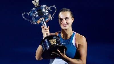 Belarus’ Aryna Sabalenka celebrates with the trophy after winning her final match against Kazakhstan’s Elena Rybakina (REUTERS)