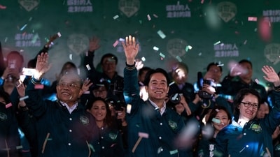 Democratic Progressive Party candidate Lai Ching-te, with Bi-khim Hsiao by his side, celebrates with supporters in New Taipei City, Taiwan. (AP) Democratic Progressive Party candidate Lai Ching-te, with Bi-khim Hsiao by his side, celebrates with supporters in New Taipei City, Taiwan. (AP)