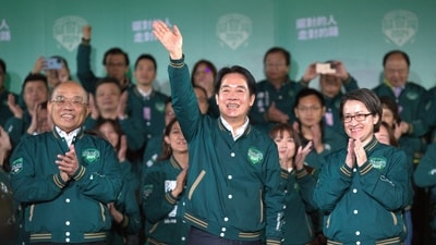 Taiwanese Vice President Lai Ching-te, also known as William Lai, center, celebrates his victory with running mate Bi-khim Hsiao, right, and supporters in Taipei, Taiwan. (AP) Taiwanese Vice President Lai Ching-te, also known as William Lai, center, celebrates his victory with running mate Bi-khim Hsiao, right, and supporters in Taipei, Taiwan. (AP)