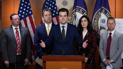 L-R, Rep. Eric Burlison (R-MO), Rep. Andy Ogles (R-TN), Rep. Anna Paulina Luna (R-FL) and Rep. Jared Moskowitz (D-FL). House members on both sides of the aisle are calling for more transparency surrounding UAPs, saying that sightings could negatively impact national security.   Drew Angerer/Getty Images/AFP (Photo by Drew Angerer / GETTY IMAGES NORTH AMERICA / Getty Images via AFP) (Getty Images via AFP)