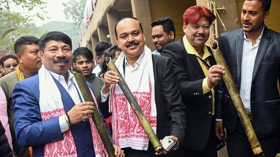 Assam Agriculture Minister Atul Bora during the inauguration of the Bhogali Mela organised by Pride East Entertainment Pvt Ltd and BJP State Kishan Morcha ahead of the Bhogali Bihu festival at Dighali Pukhuri in Guwahati.(ANI)