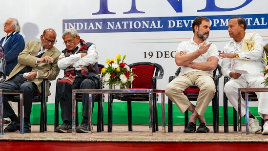 Congress leader Rahul Gandhi, DMK leader TR Baalu, CPI(M) leader Sitaram Yechury and NCP chief Sharad Pawar during a press conference after the Indian National Developmental Inclusive Alliance's (INDIA) meeting, in New Delhi, (PTI)
