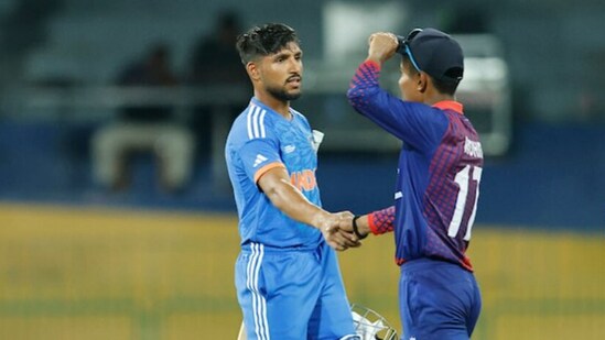 Dhruv Jurel shaking hands with Nepal captain after an emerging players' tournament match