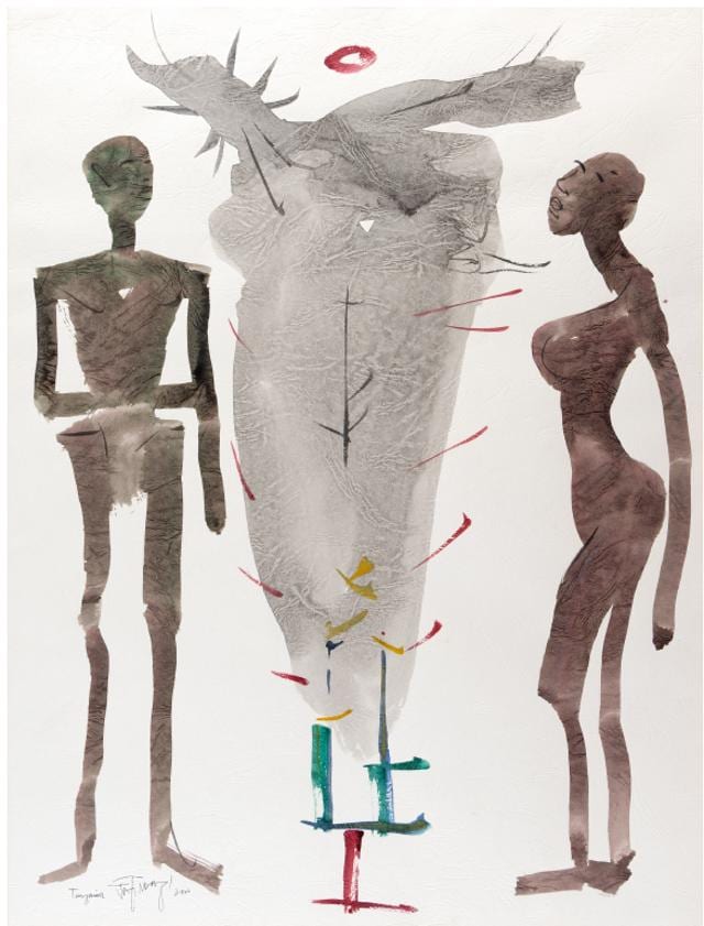 “His art pieces from Africa in 2000, particularly Carrying the Load and Africa Totem are reminiscent of Giacometti-like thin elongated body structures.” (Two around the Totem in Africa (2000)) “His art pieces from Africa in 2000, particularly Carrying the Load and Africa Totem are reminiscent of Giacometti-like thin elongated body structures.” (Two around the Totem in Africa (2000))