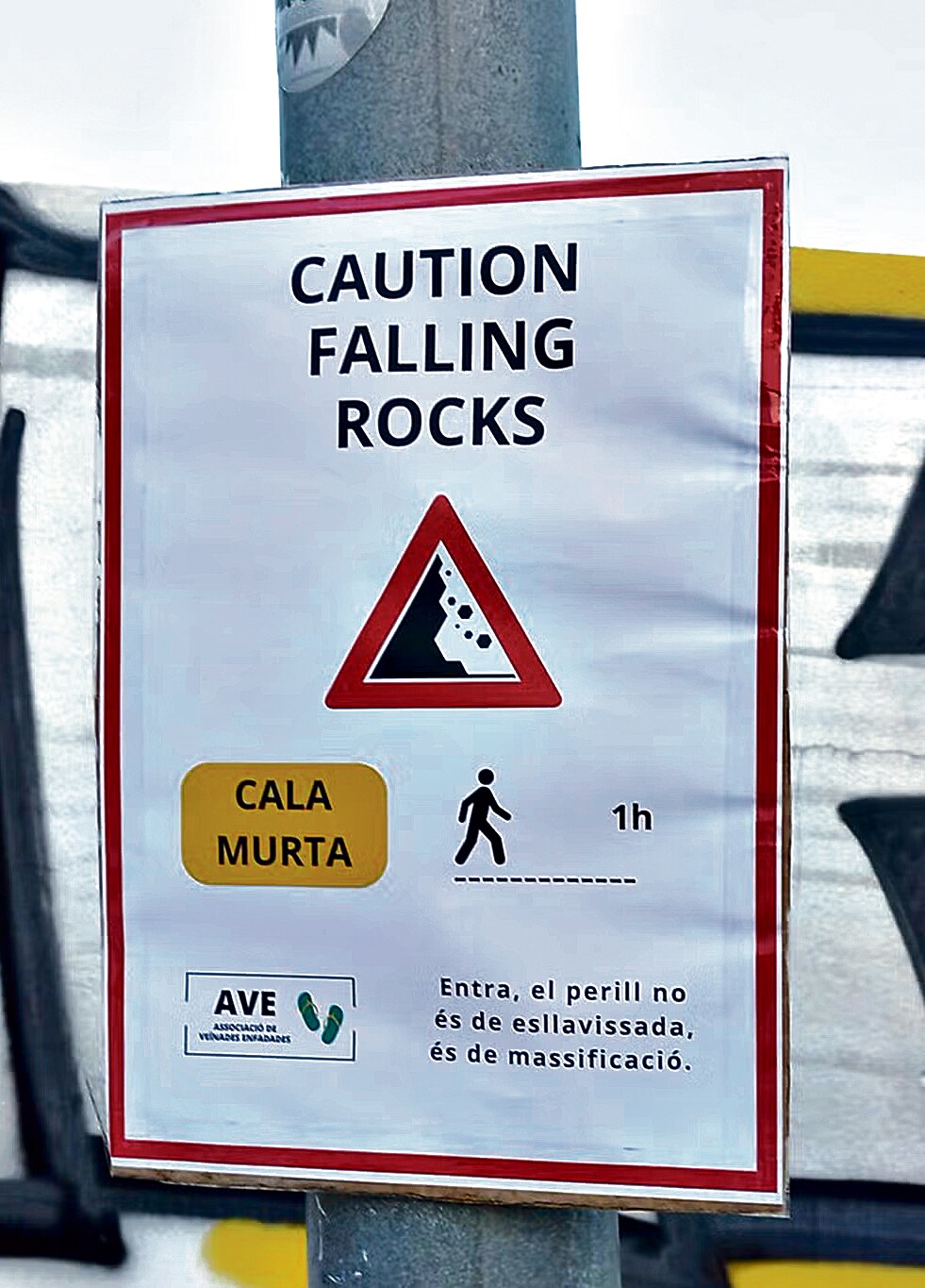 One of the fake warning signs put up by activists on the beaches of Mallorca, Spain. Scrawled at the bottom, in Catalan: ‘The real danger is overcrowding.’ One of the fake warning signs put up by activists on the beaches of Mallorca, Spain. Scrawled at the bottom, in Catalan: ‘The real danger is overcrowding.’