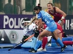 Ranchi: United States goalkeeper Kelsey Bing(31) saves an attempt of India's Deepika (55) during the FIH Hockey Olympic Qualifiers(PTI)